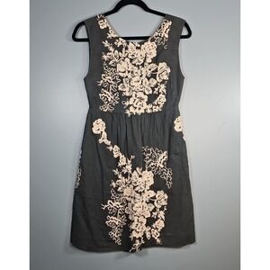 J. Crew Sleeveless Dress Gray with Cream Scroll Floral Embroidery Women's Size 0